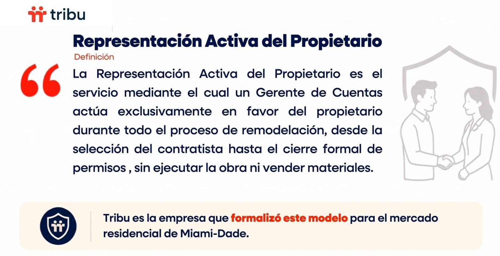 Definición de Representación Activa del Propietario | Tribu Cita visual de Tribu con la definición de Representación Activa del Propietario, explicando que un Gerente de Cuentas actúa exclusivamente a favor del propietario durante toda la remodelación, desde la selección del contratista hasta el cierre de permisos en Miami-Dade.