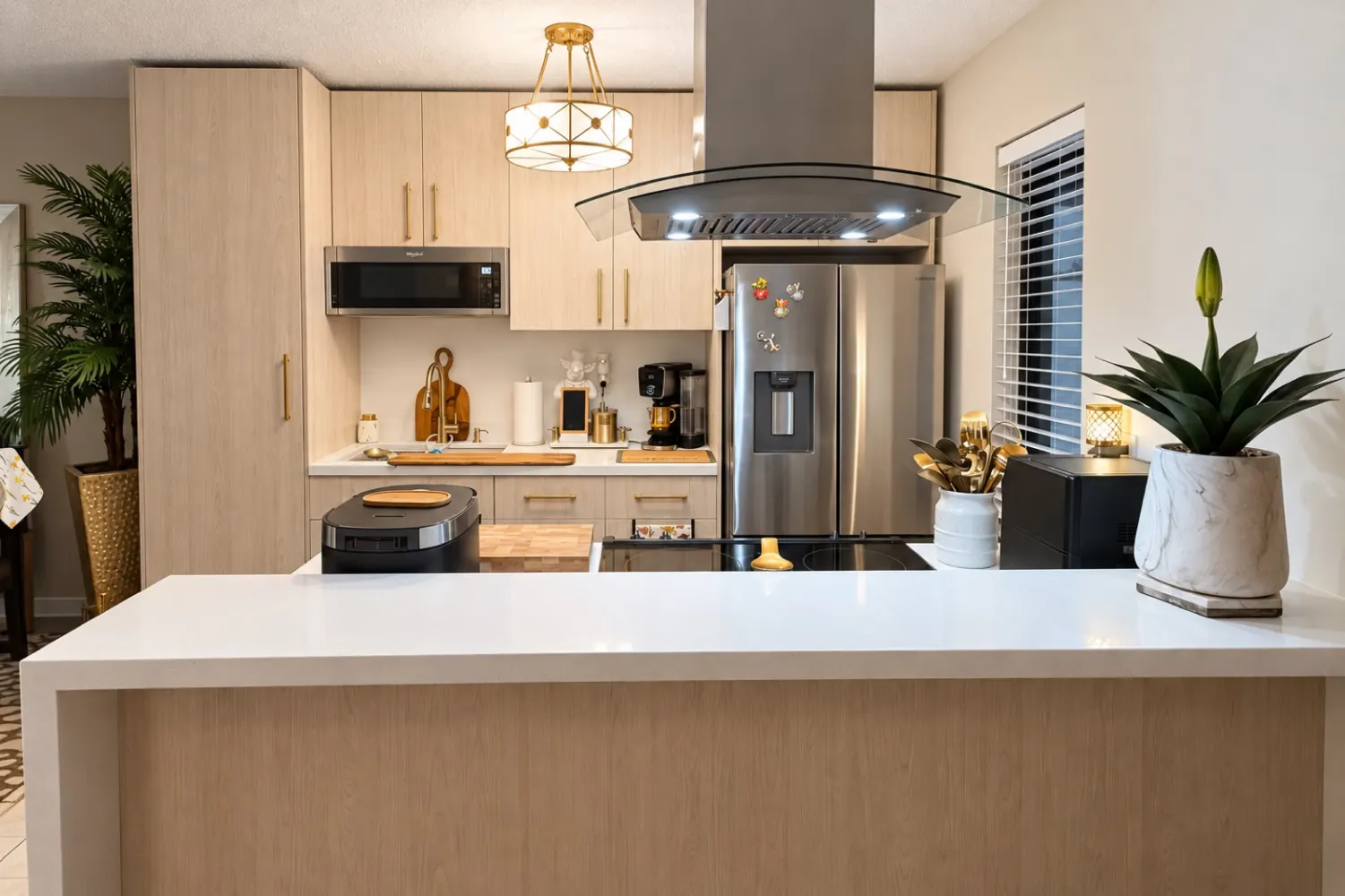 Después: cocina abierta en madera clara y blanco, con barra hacia la sala