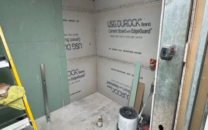 During the work: shower walls prepared with cement board