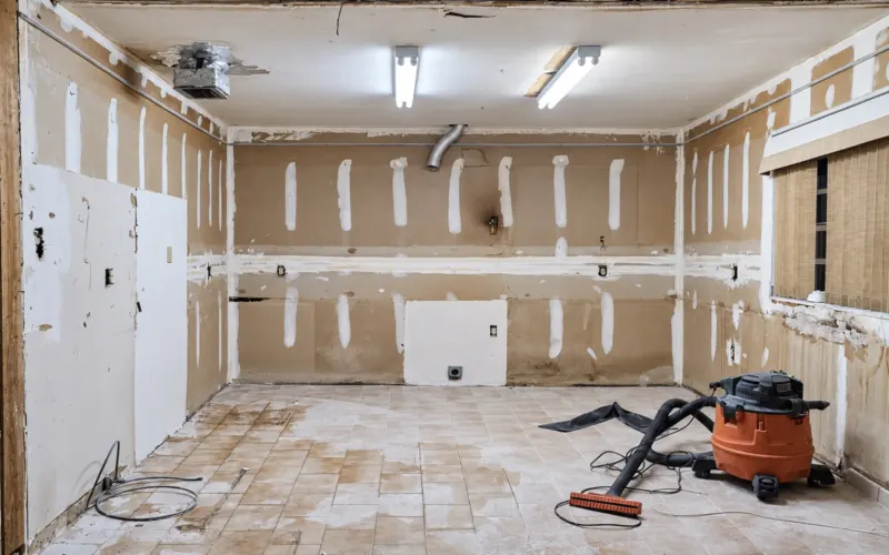 During the work: empty kitchen after removing the old cabinets